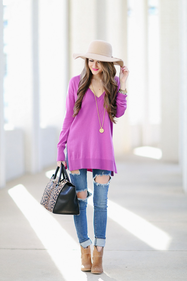 Purple sweater and leopard scarf  Denim fashion, Fashion, Cool outfits